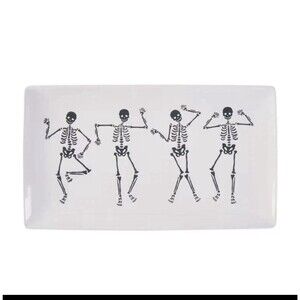NEW Halloween Party Ceramic Serving Tray Dancing Skeletons Large Platter